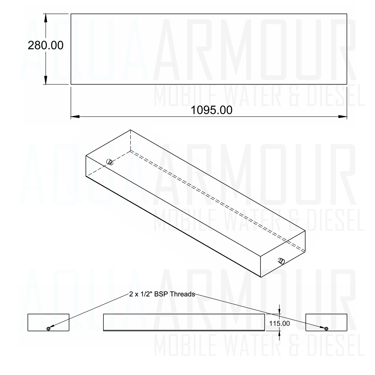 25L Slimline Under Floor / Ute Tray / Trailer / Caravan (110x28x12).