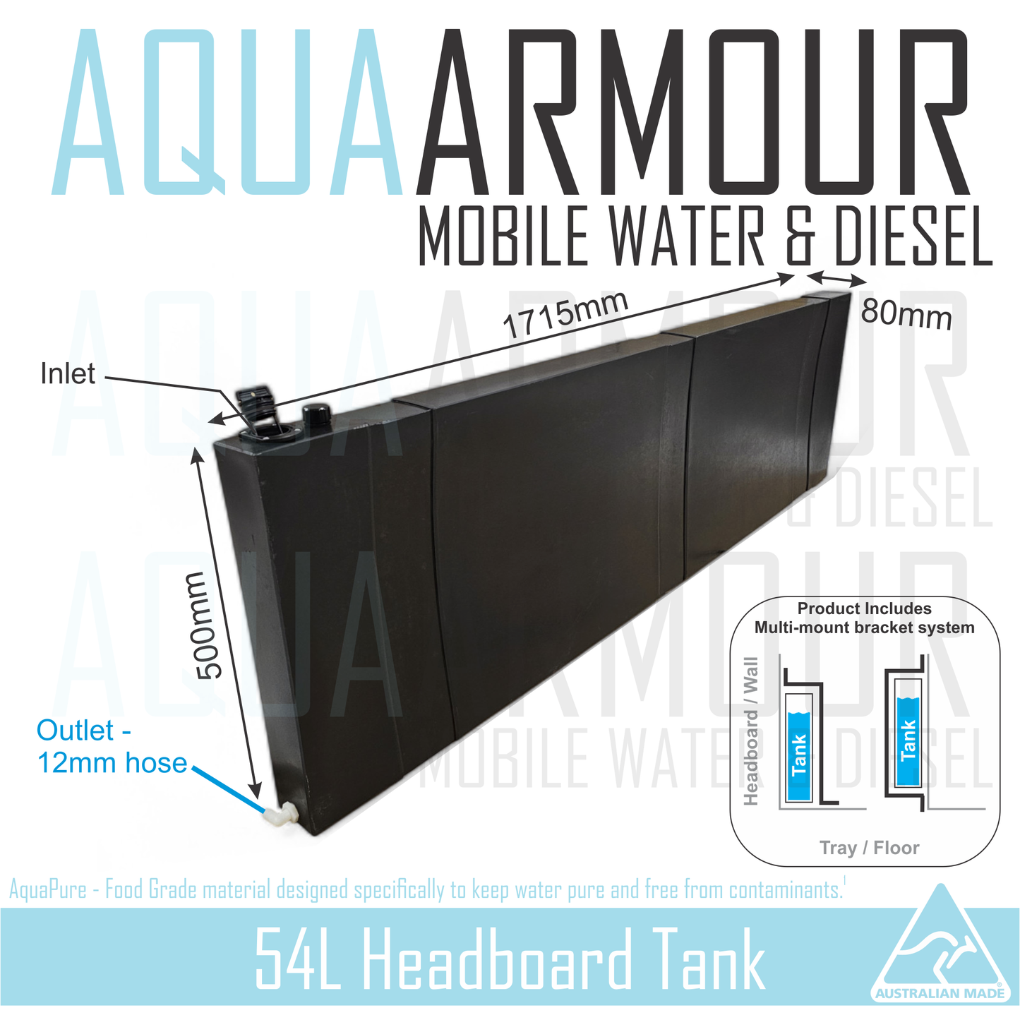 54L Slimline Headboard Fresh Water Tank with Brackets