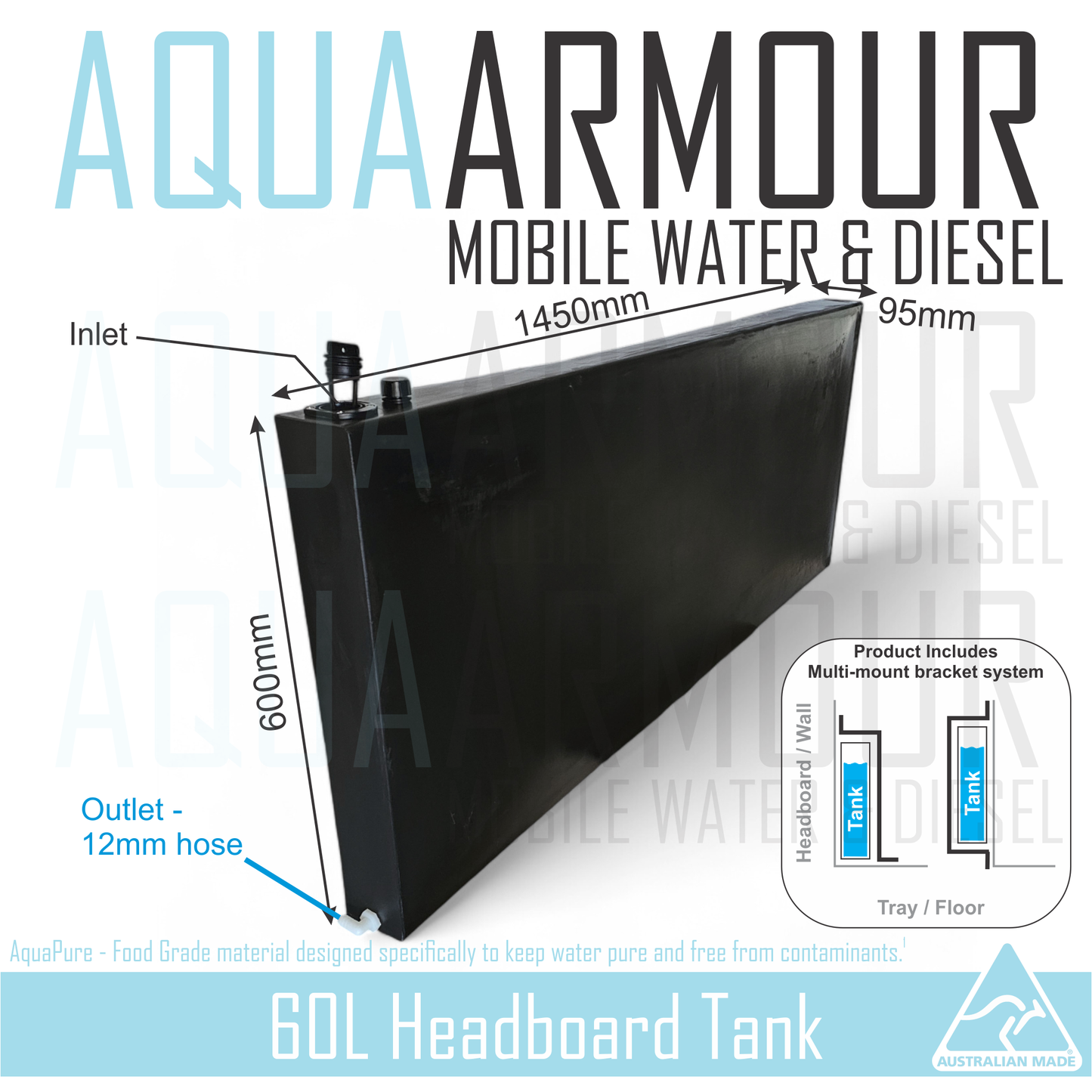 60L Slimline Headboard Fresh Water Tank with Multi-Mount Brackets