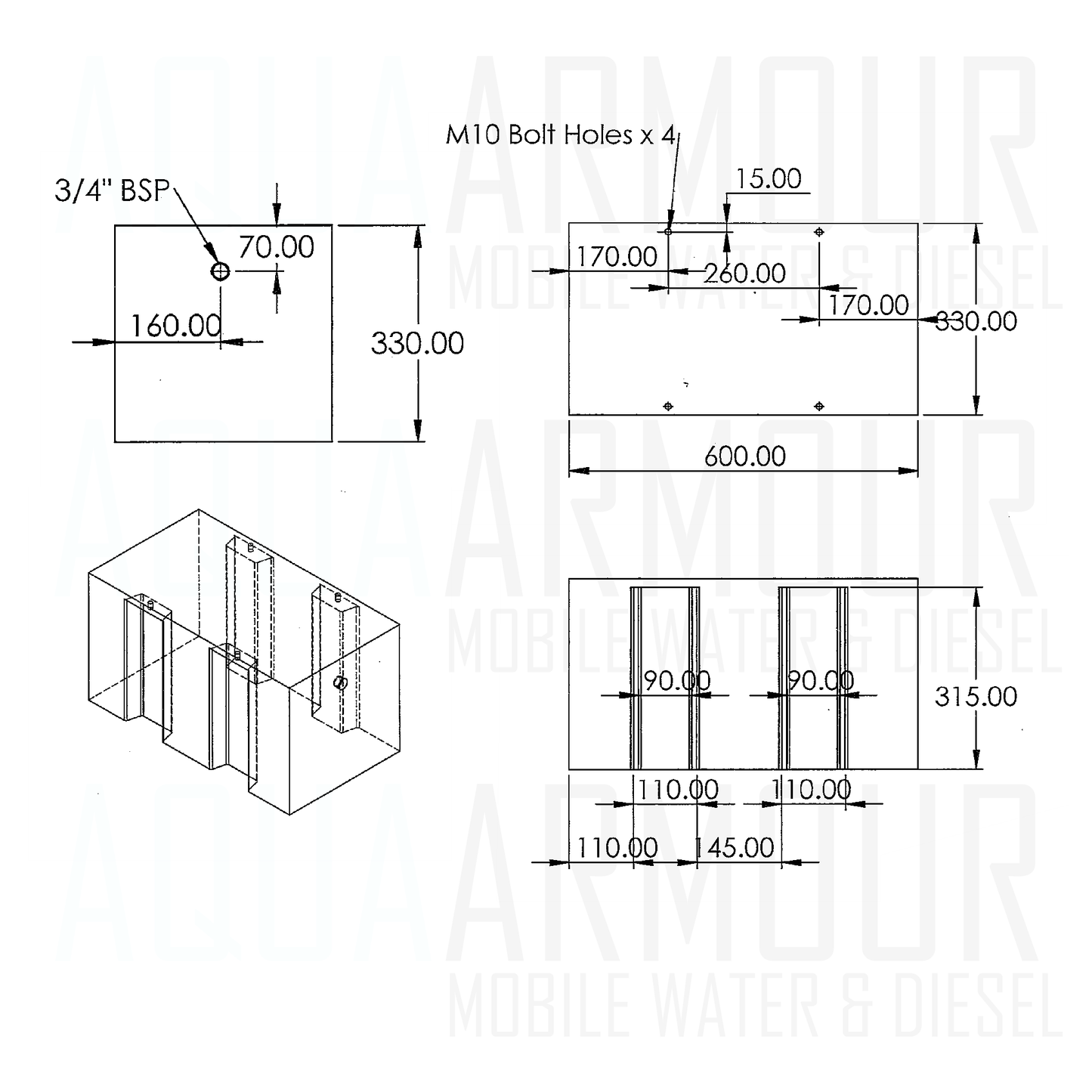 3x 60L Toyota Coaster Water Tank - 2x Fresh + 1x Grey Water (60x33x33).