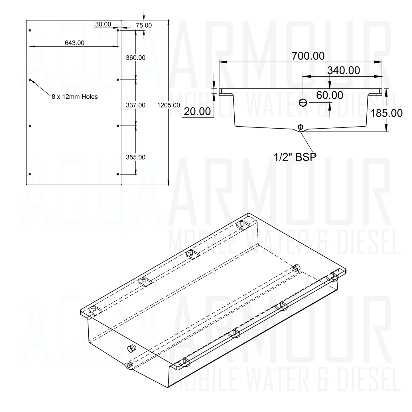 100L Slimline Dished Under Floor / Ute Tray / Trailer / Caravan  (120x70x18).